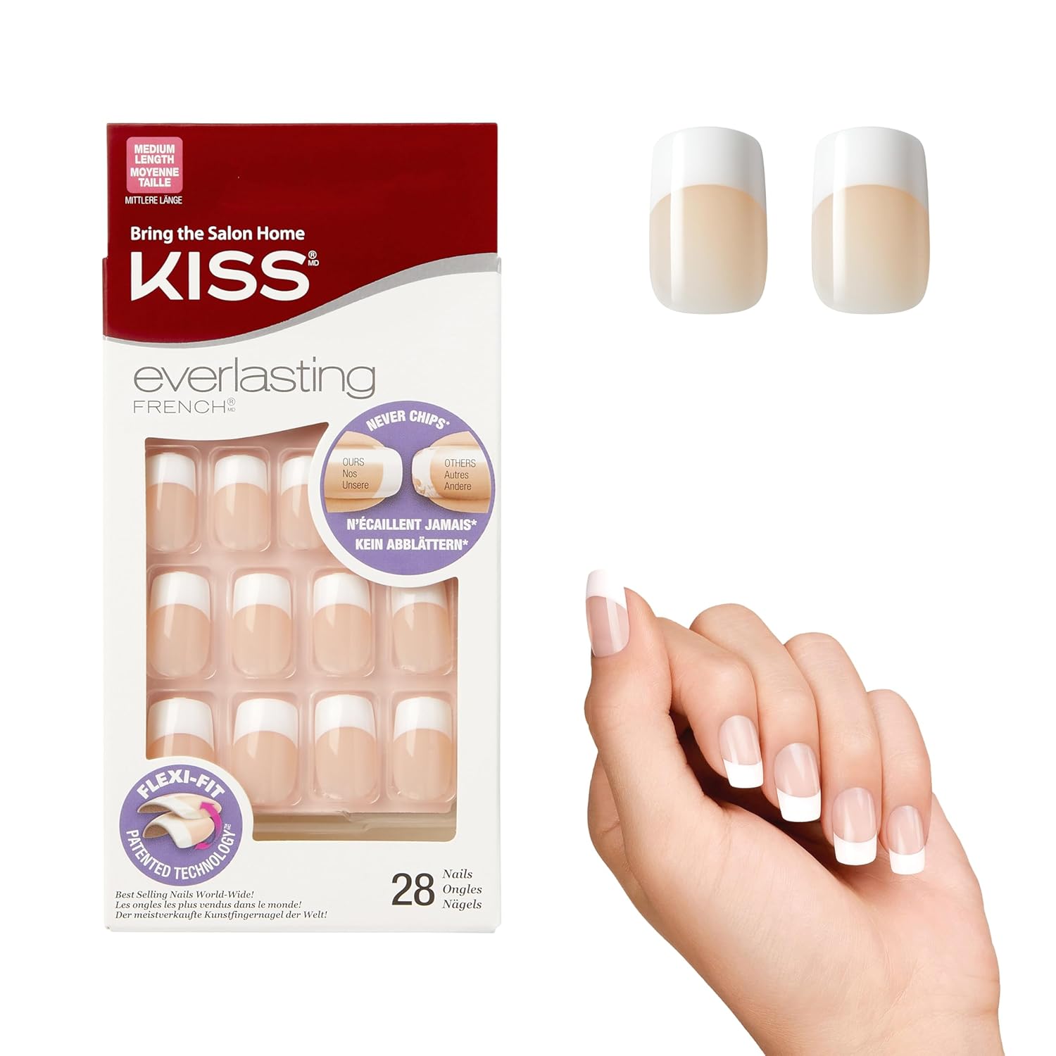Everlasting French Pedicure Kit - Chip-Free Glue-On Toenails (24pc), Flexi-Fit Tech, Pink Gel Glue, Mini Tools
