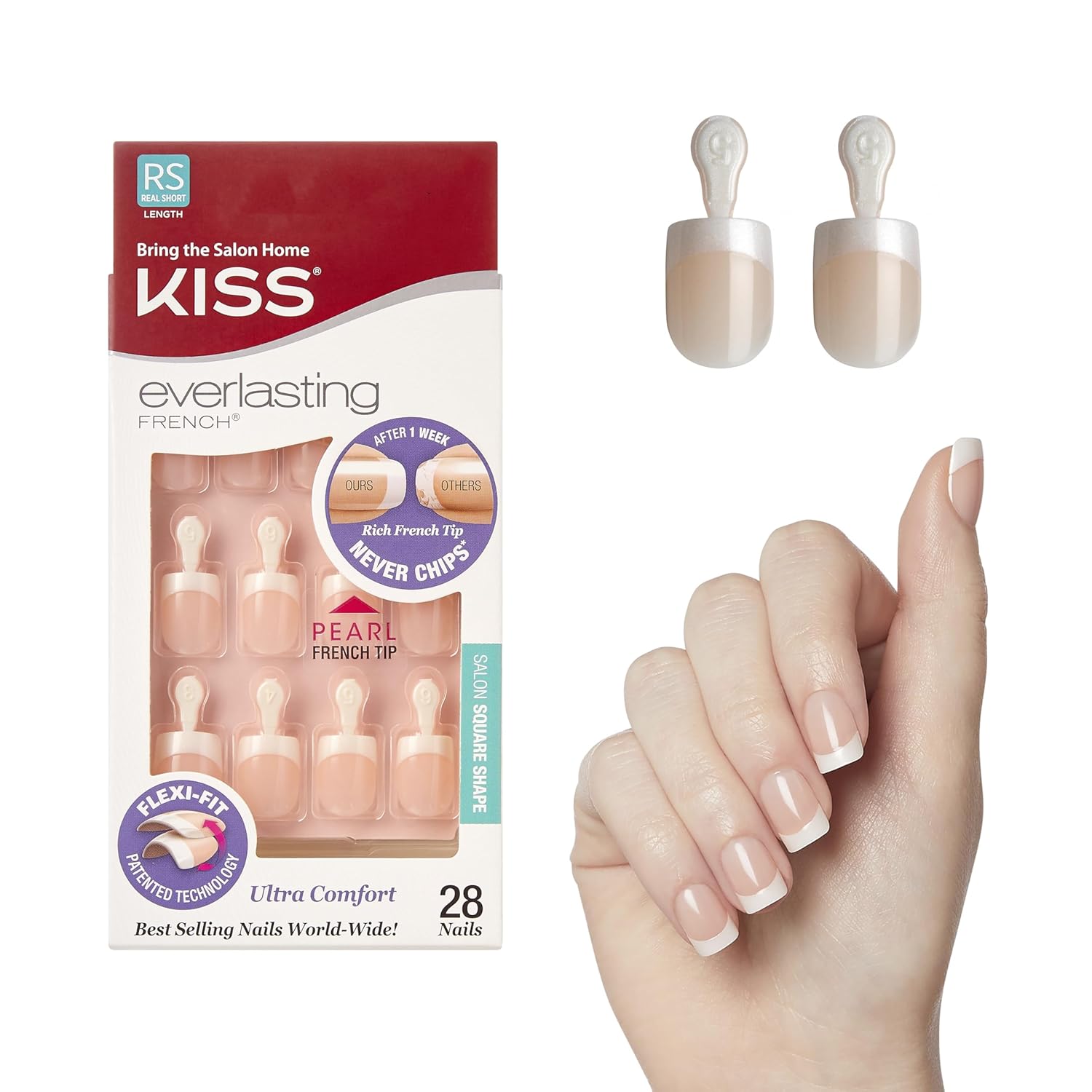 Everlasting French Pedicure Kit - Chip-Free Glue-On Toenails (24pc), Flexi-Fit Tech, Pink Gel Glue, Mini Tools
