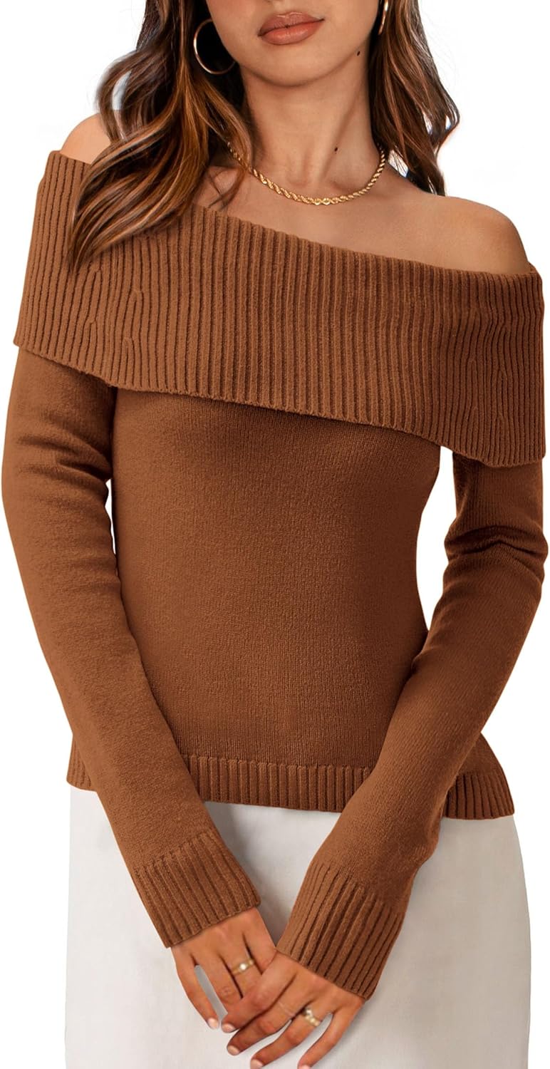 PRETTYGARDEN Women's Fall Off Shoulder Sweaters Y2K Long Sleeve Ribbed Knit Fitted Pullover Winter Date Night Tops Blouse
