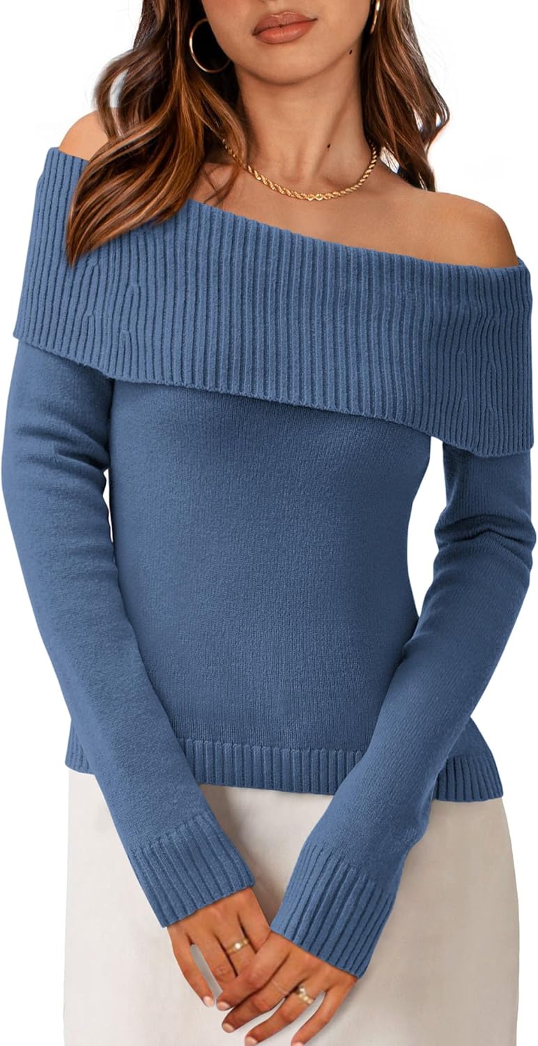 PRETTYGARDEN Women's Fall Off Shoulder Sweaters Y2K Long Sleeve Ribbed Knit Fitted Pullover Winter Date Night Tops Blouse