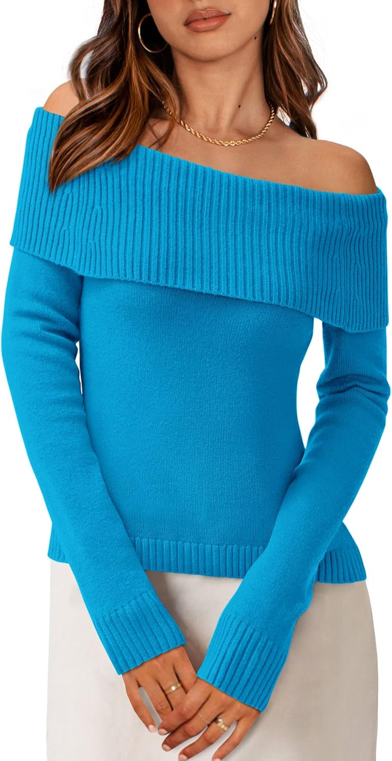 PRETTYGARDEN Women's Fall Off Shoulder Sweaters Y2K Long Sleeve Ribbed Knit Fitted Pullover Winter Date Night Tops Blouse