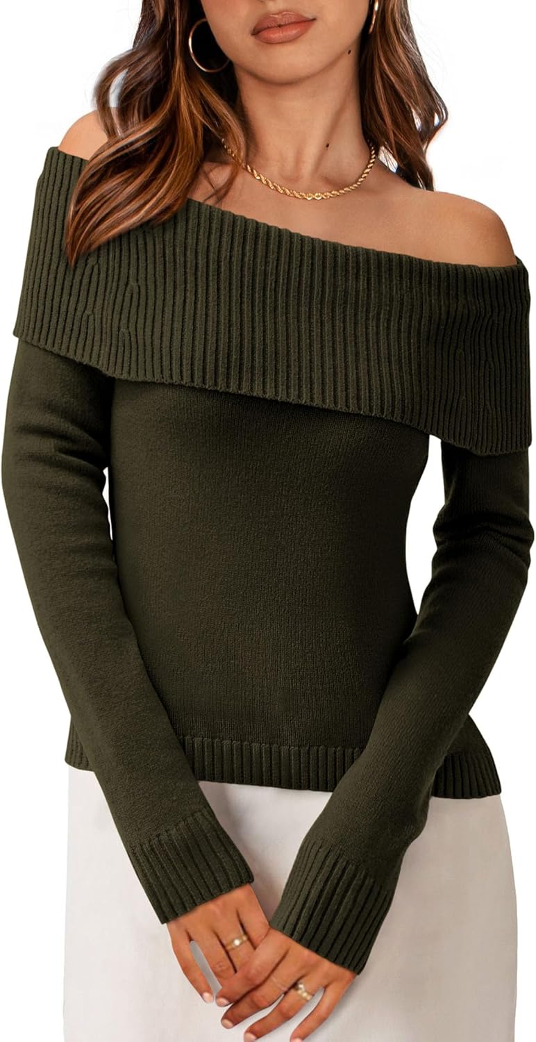 PRETTYGARDEN Women's Fall Off Shoulder Sweaters Y2K Long Sleeve Ribbed Knit Fitted Pullover Winter Date Night Tops Blouse