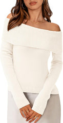 PRETTYGARDEN Women's Fall Off Shoulder Sweaters Y2K Long Sleeve Ribbed Knit Fitted Pullover Winter Date Night Tops Blouse