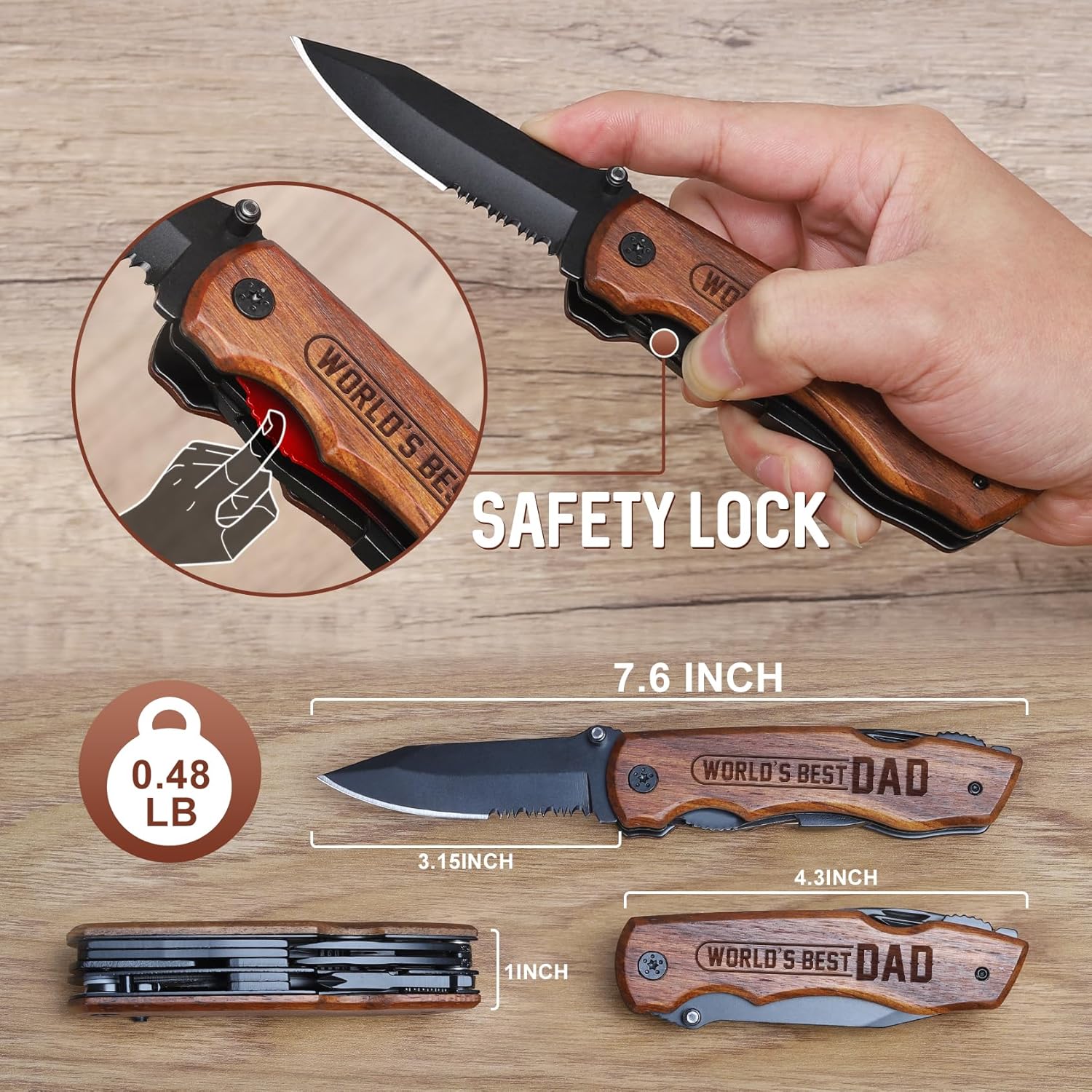 Father’s Day Dad Gifts, Wood Pocket Knife, Wood Handle, Pocket Knife for Camping Hiking Fishing Gift