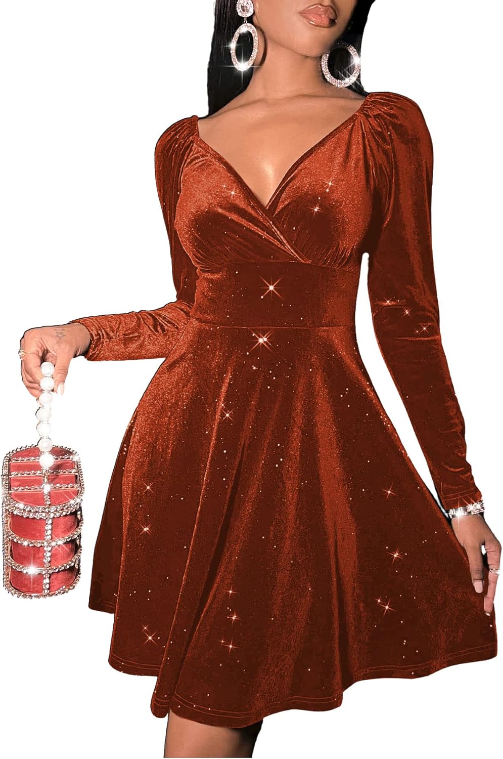 Vestido corto ajustado y acampanado de fiesta de cóctel con corte en A de terciopelo brillante y mangas largas con escote en V cruzado para mujer de Sexyasasii 