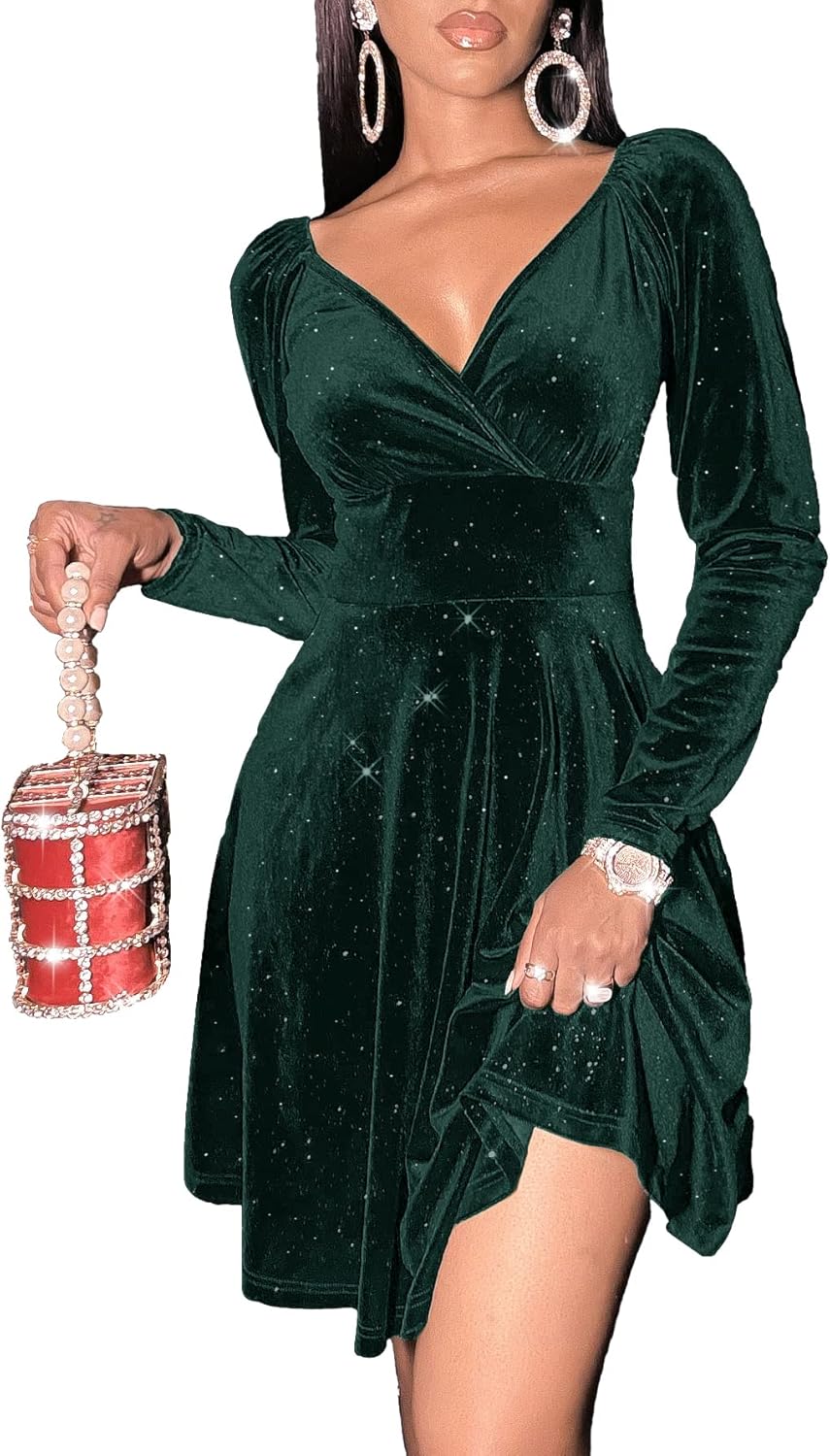 Vestido corto ajustado y acampanado de fiesta de cóctel con corte en A de terciopelo brillante y mangas largas con escote en V cruzado para mujer de Sexyasasii 