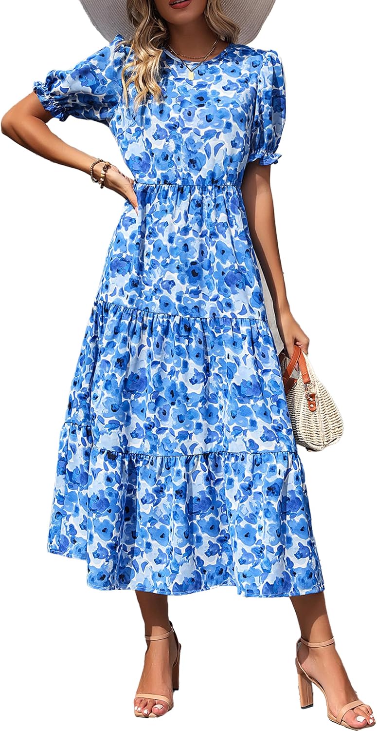 Women's Summer Casual Boho Dress Floral Print Ruffle Puff Short Sleeve Flowy Midi Beach Party Dresses