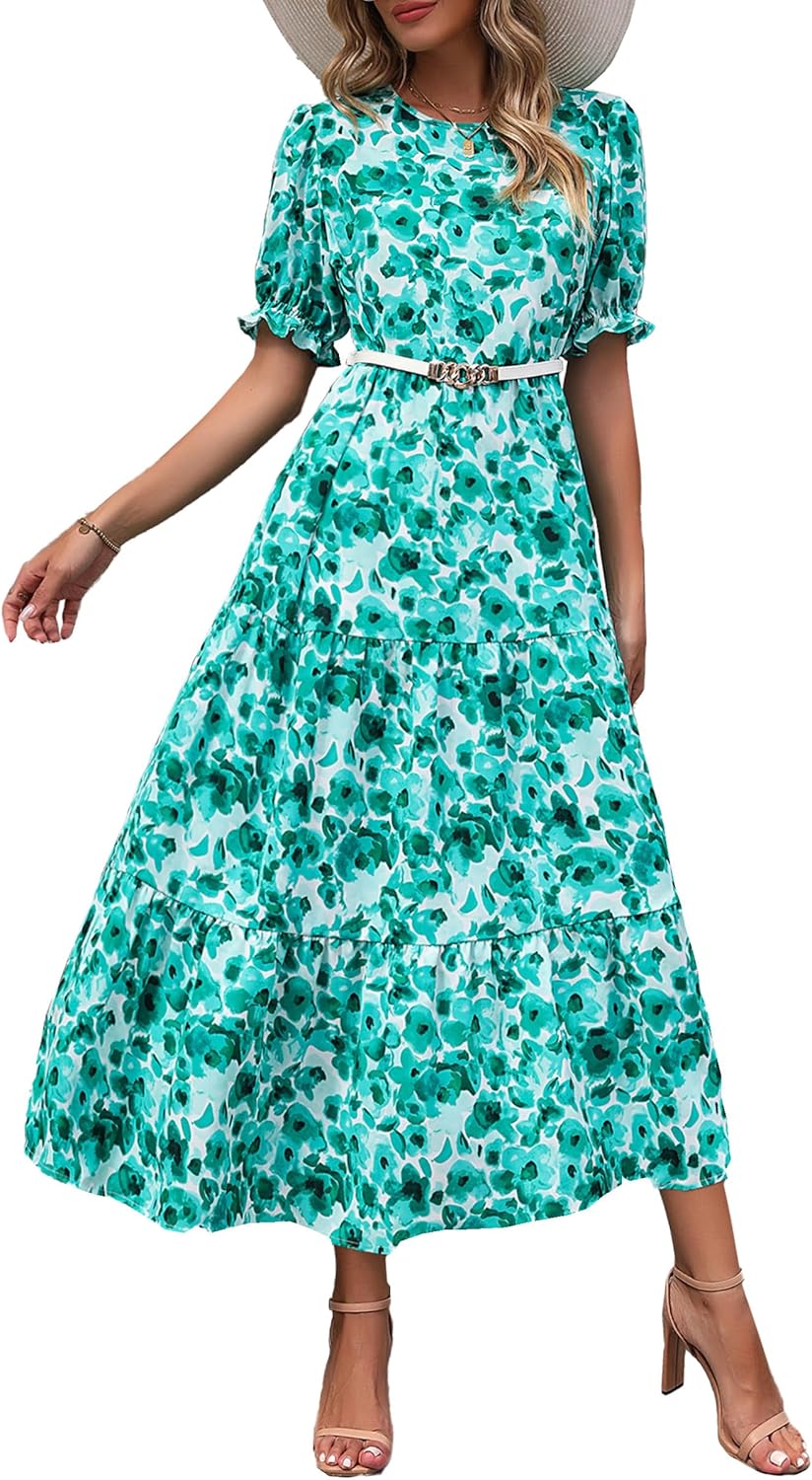 Women's Summer Casual Boho Dress Floral Print Ruffle Puff Short Sleeve Flowy Midi Beach Party Dresses