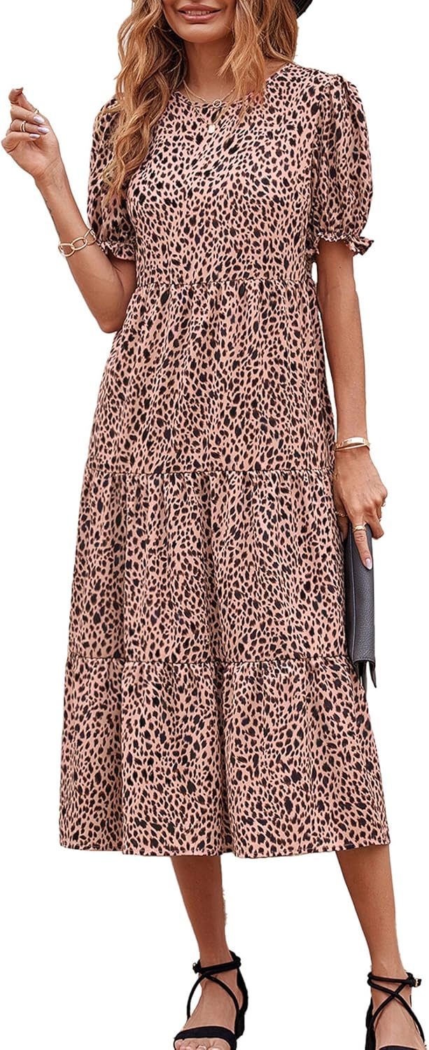 Women's Summer Casual Boho Dress Floral Print Ruffle Puff Short Sleeve Flowy Midi Beach Party Dresses