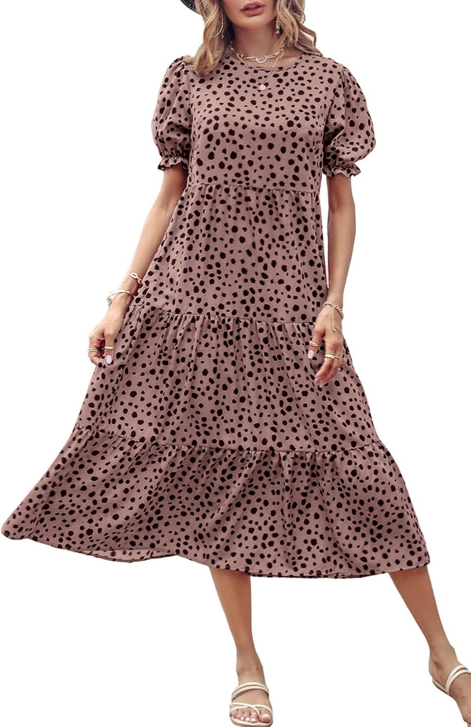 Women's Summer Casual Boho Dress Floral Print Ruffle Puff Short Sleeve Flowy Midi Beach Party Dresses