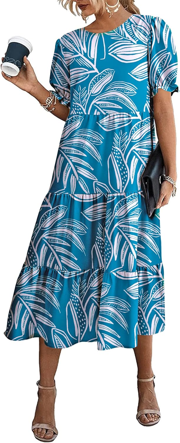 Women's Summer Casual Boho Dress Floral Print Ruffle Puff Short Sleeve Flowy Midi Beach Party Dresses