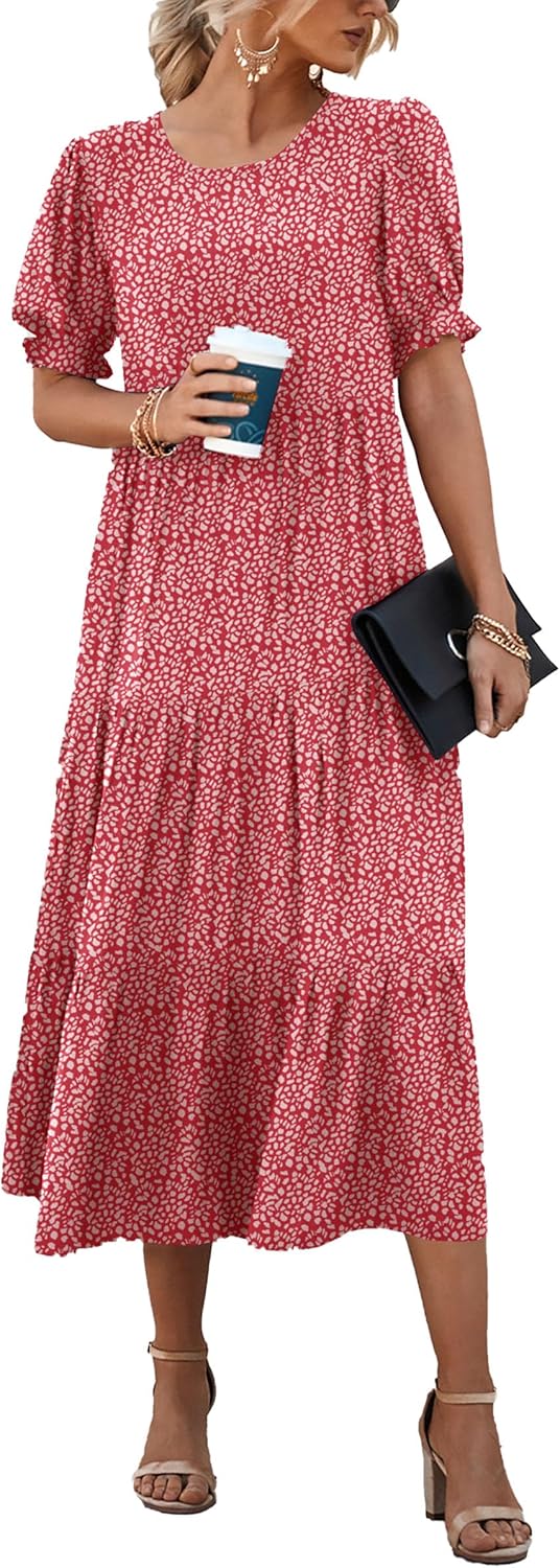 Women's Summer Casual Boho Dress Floral Print Ruffle Puff Short Sleeve Flowy Midi Beach Party Dresses