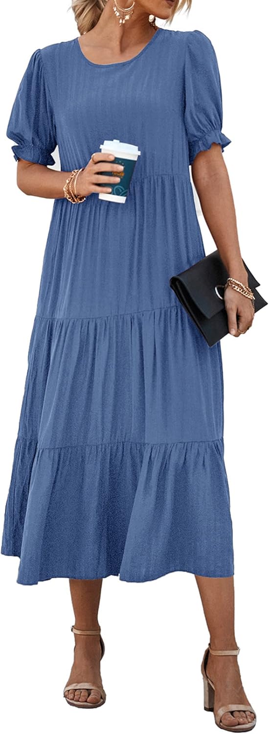 Women's Summer Casual Boho Dress Floral Print Ruffle Puff Short Sleeve Flowy Midi Beach Party Dresses