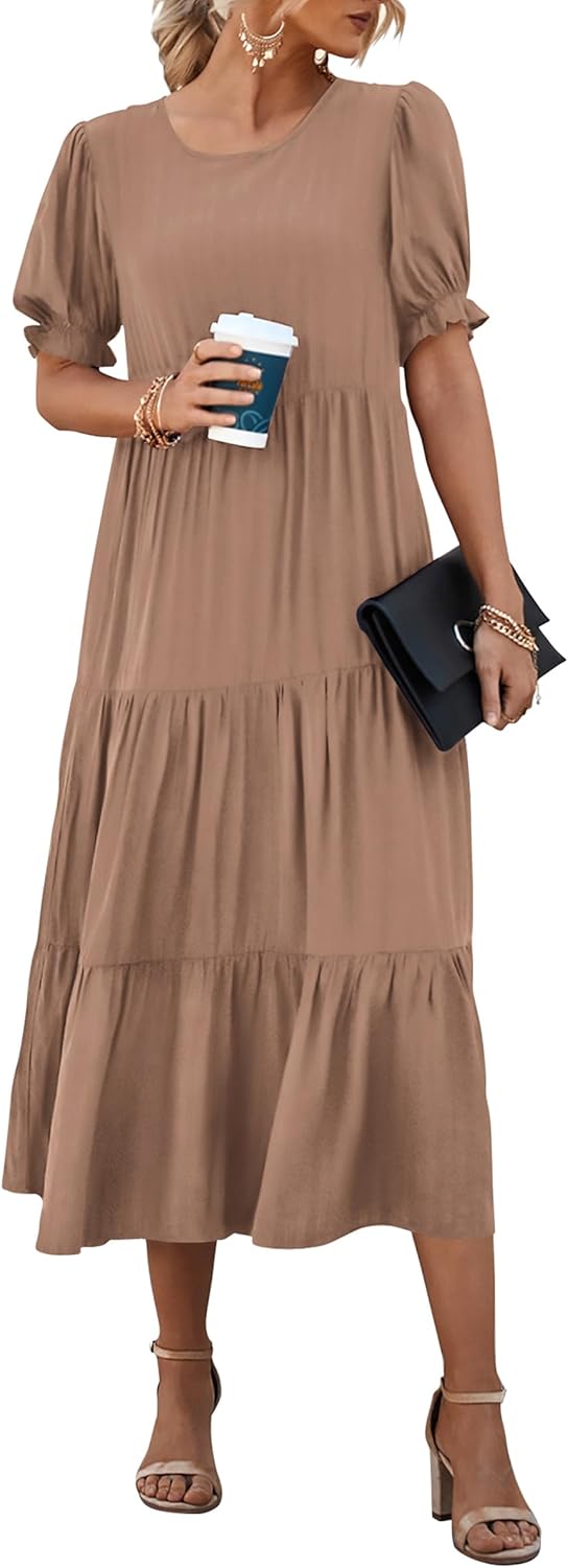 Women's Summer Casual Boho Dress Floral Print Ruffle Puff Short Sleeve Flowy Midi Beach Party Dresses
