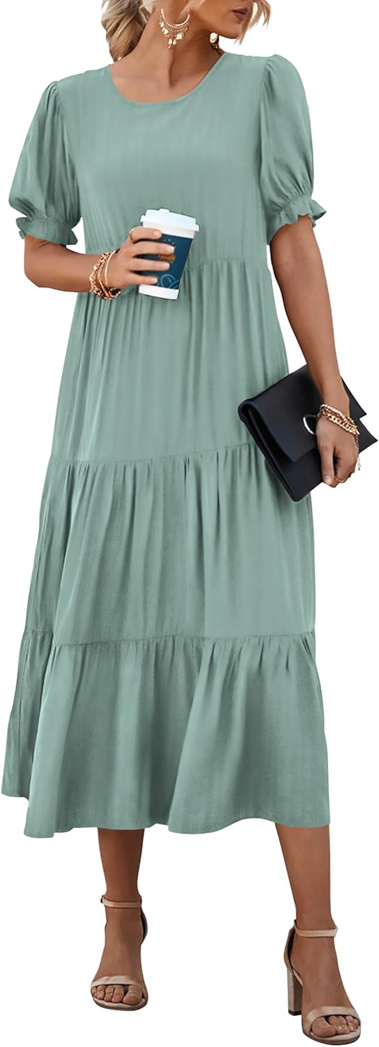 Women's Summer Casual Boho Dress Floral Print Ruffle Puff Short Sleeve Flowy Midi Beach Party Dresses