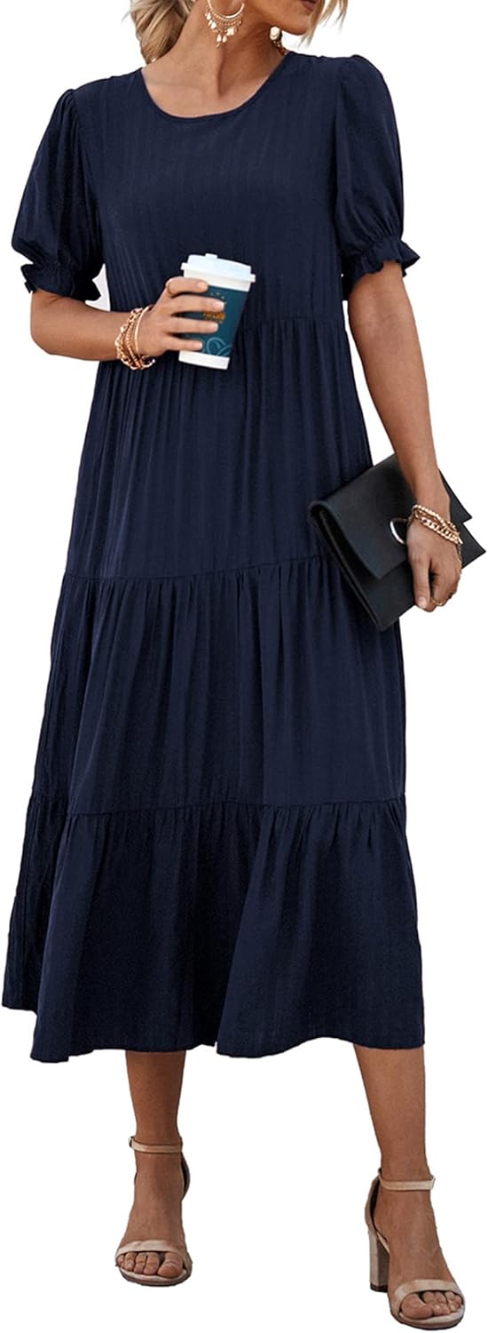 Women's Summer Casual Boho Dress Floral Print Ruffle Puff Short Sleeve Flowy Midi Beach Party Dresses