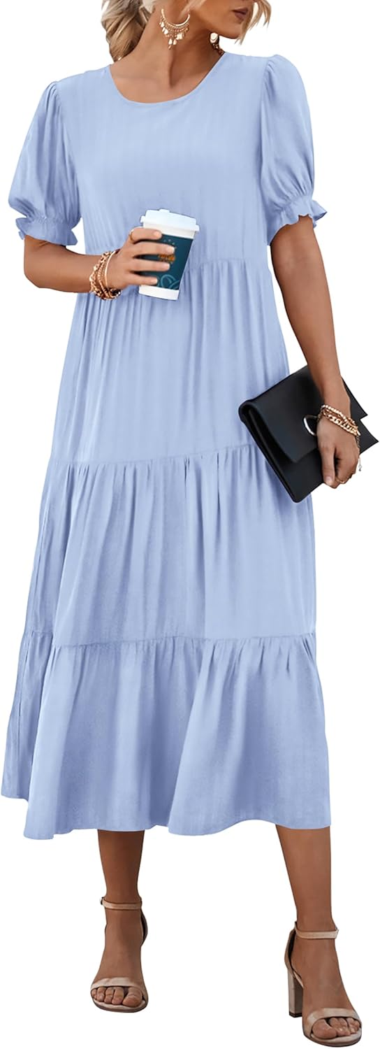 Women's Summer Casual Boho Dress Floral Print Ruffle Puff Short Sleeve Flowy Midi Beach Party Dresses