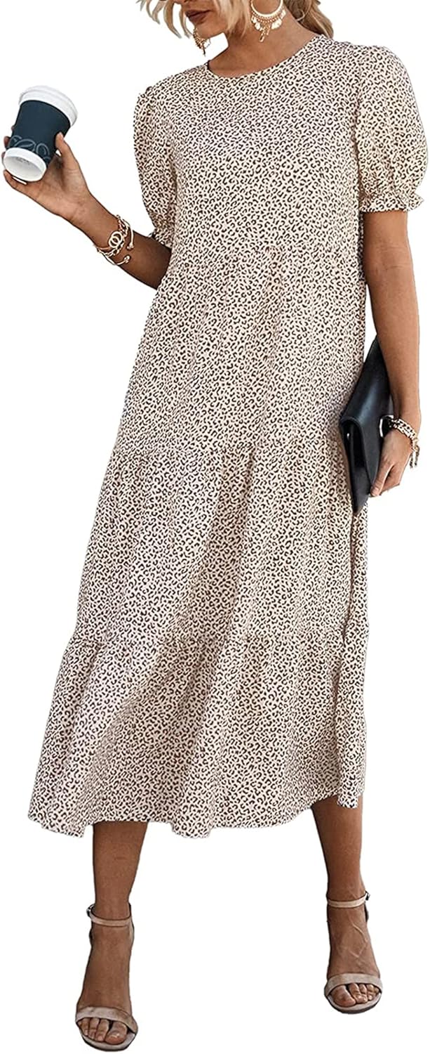 Women's Summer Casual Boho Dress Floral Print Ruffle Puff Short Sleeve Flowy Midi Beach Party Dresses