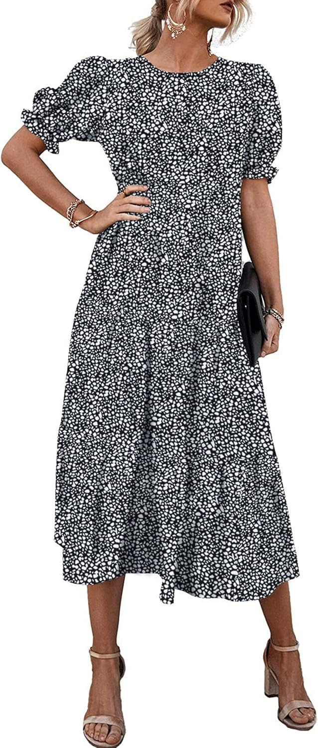 Women's Summer Casual Boho Dress Floral Print Ruffle Puff Short Sleeve Flowy Midi Beach Party Dresses