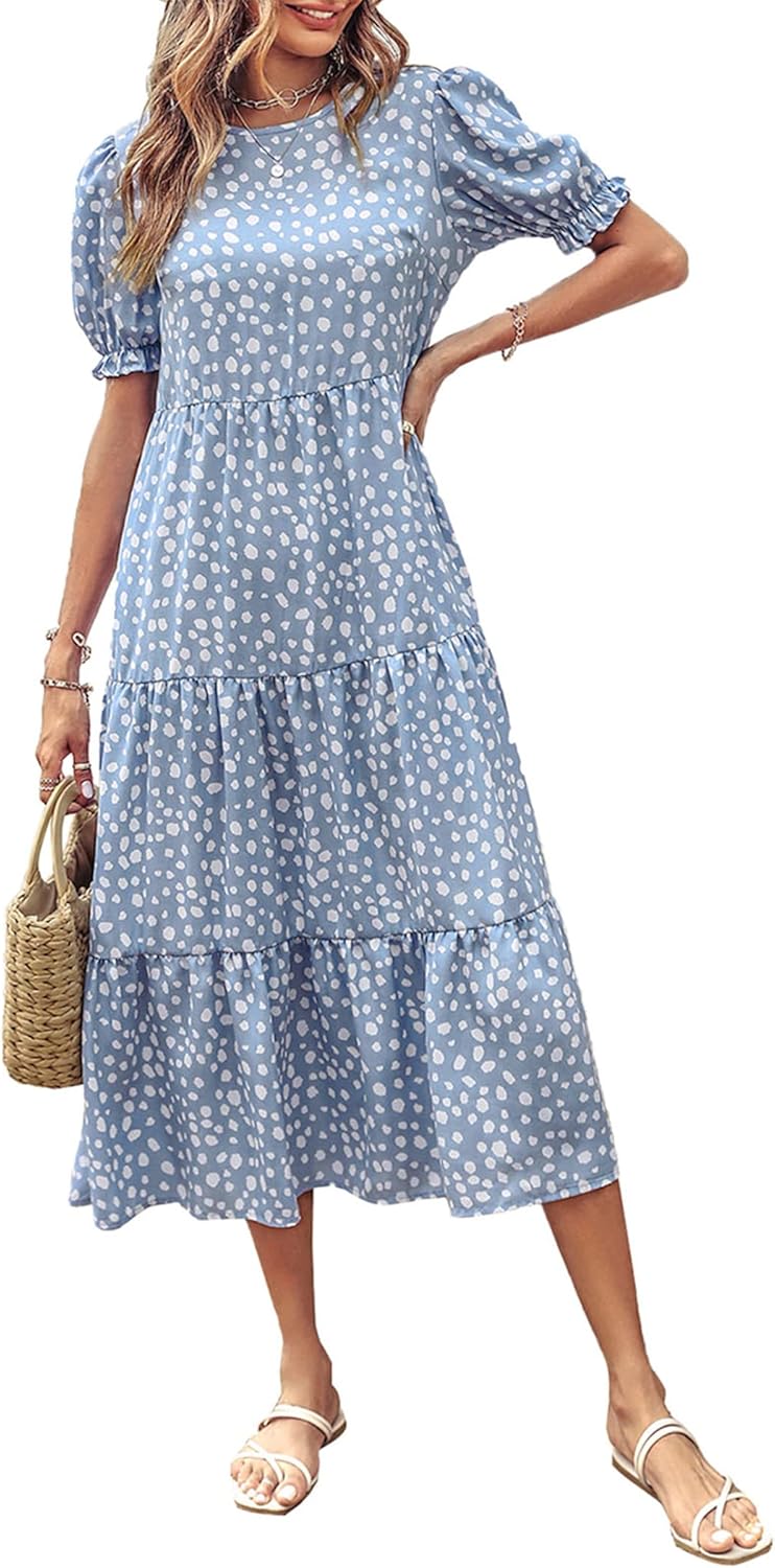Women's Summer Casual Boho Dress Floral Print Ruffle Puff Short Sleeve Flowy Midi Beach Party Dresses