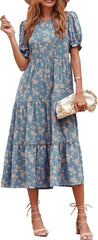Women's Summer Casual Boho Dress Floral Print Ruffle Puff Short Sleeve Flowy Midi Beach Party Dresses