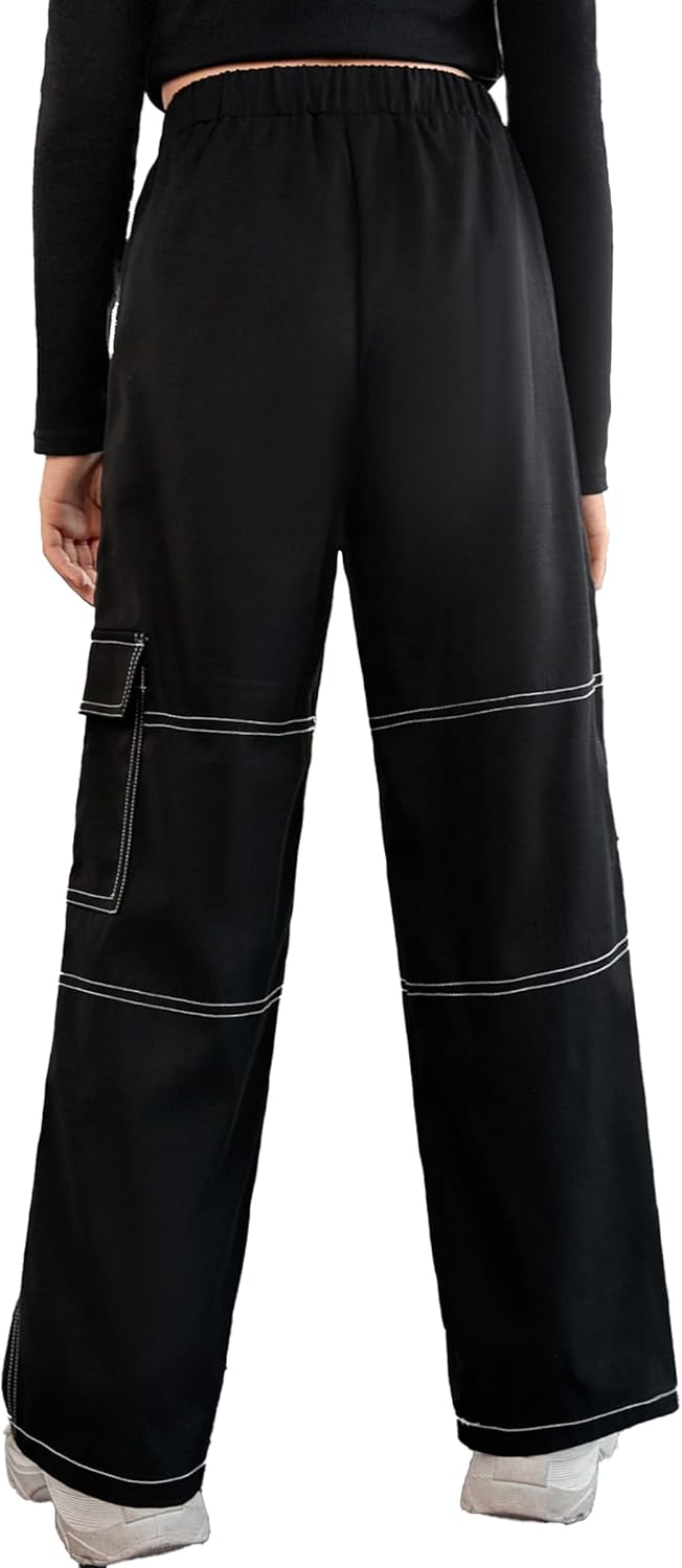 EXARUS - Pantalones vaqueros cargo para niñas, de pierna ancha, holgados, con cintura elástica alta, rectos, con bolsillos, para niños de 8 a 14 años 