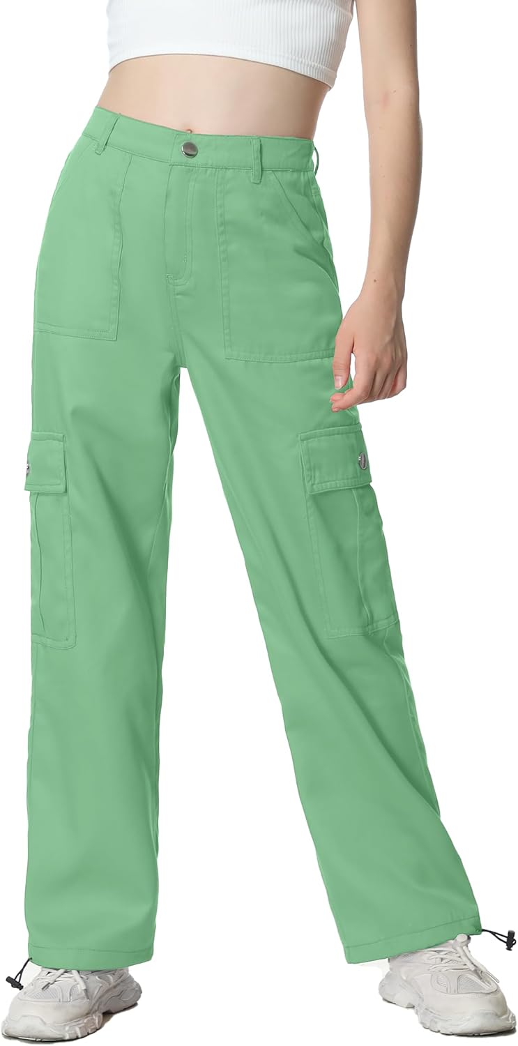 EXARUS - Pantalones vaqueros cargo para niñas, de pierna ancha, holgados, con cintura elástica alta, rectos, con bolsillos, para niños de 8 a 14 años 