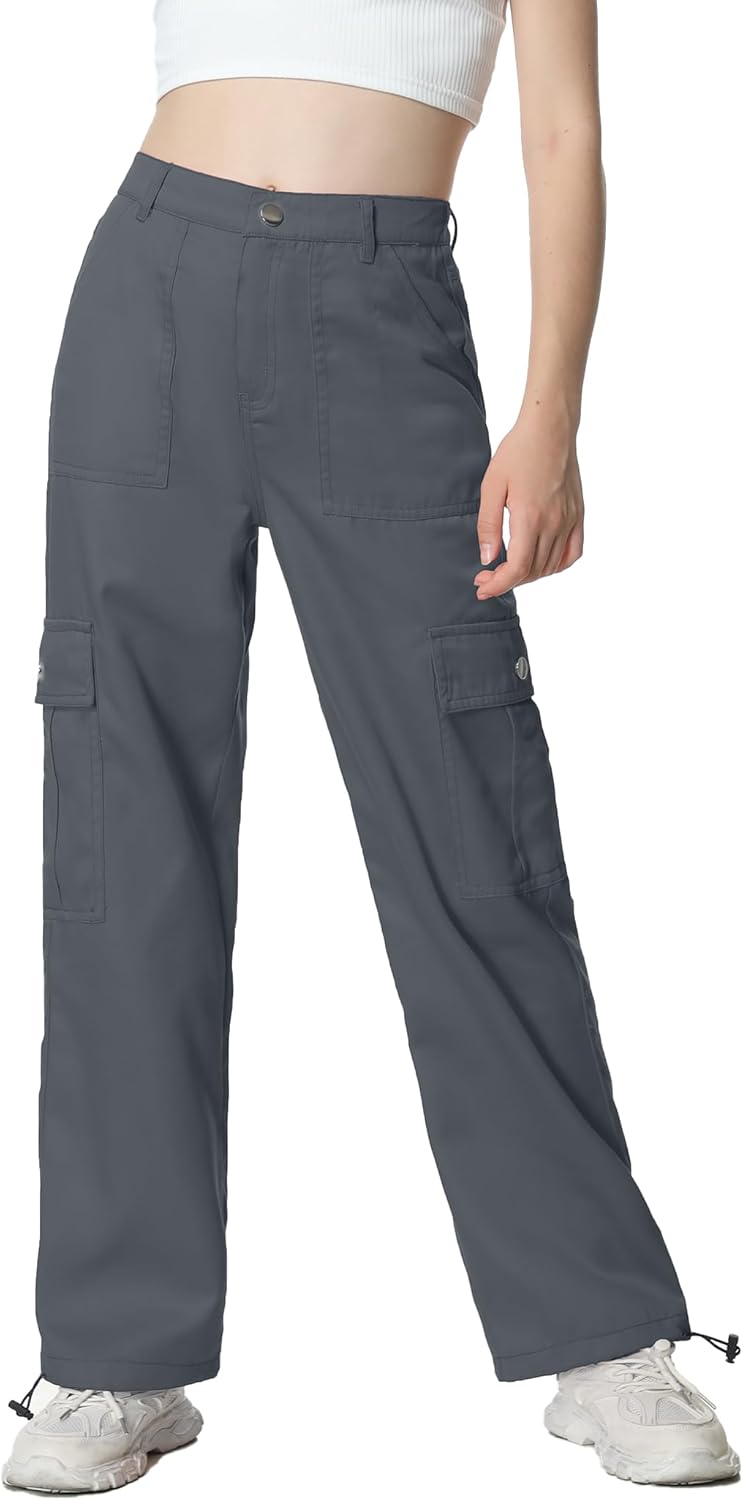 EXARUS - Pantalones vaqueros cargo para niñas, de pierna ancha, holgados, con cintura elástica alta, rectos, con bolsillos, para niños de 8 a 14 años 