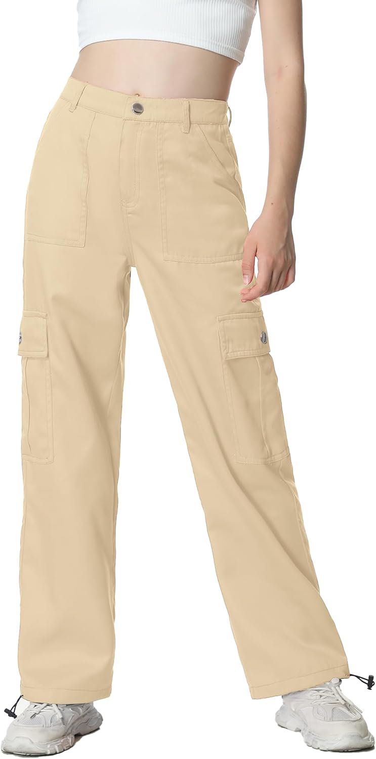 EXARUS - Pantalones vaqueros cargo para niñas, de pierna ancha, holgados, con cintura elástica alta, rectos, con bolsillos, para niños de 8 a 14 años 