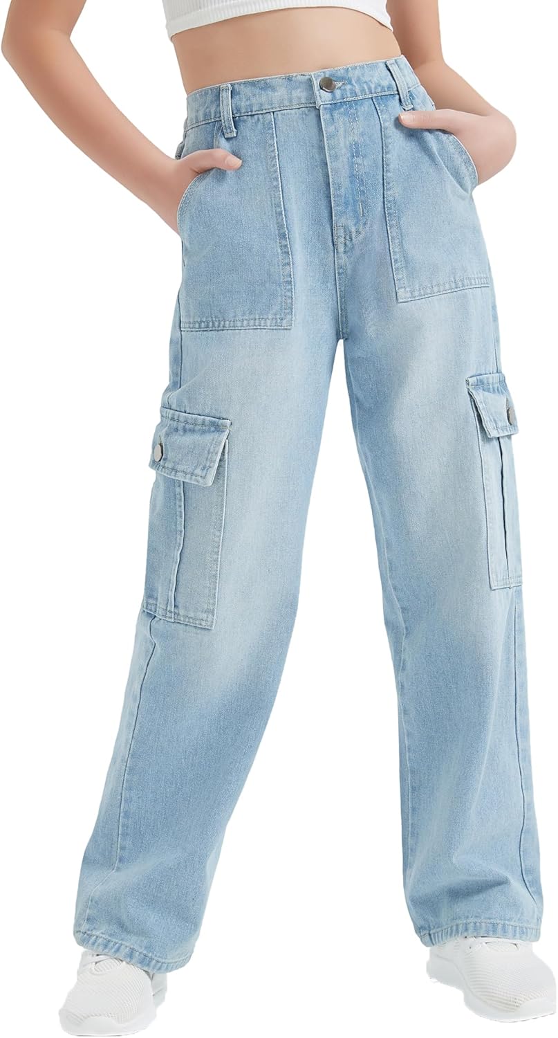 EXARUS - Pantalones vaqueros cargo para niñas, de pierna ancha, holgados, con cintura elástica alta, rectos, con bolsillos, para niños de 8 a 14 años 