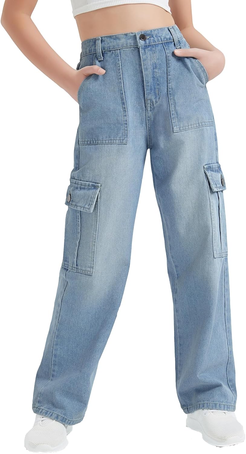EXARUS - Pantalones vaqueros cargo para niñas, de pierna ancha, holgados, con cintura elástica alta, rectos, con bolsillos, para niños de 8 a 14 años 