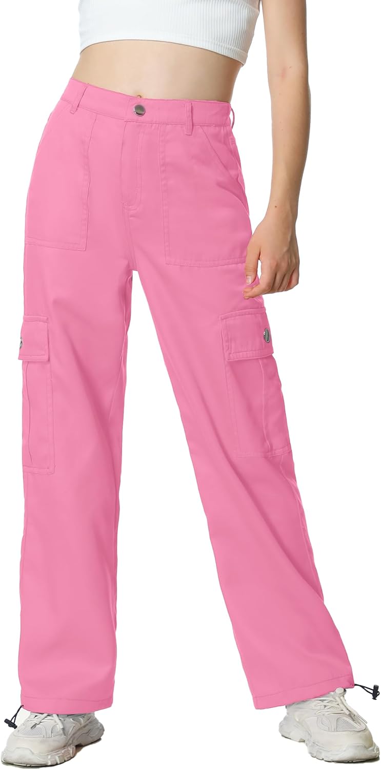 EXARUS - Pantalones vaqueros cargo para niñas, de pierna ancha, holgados, con cintura elástica alta, rectos, con bolsillos, para niños de 8 a 14 años 