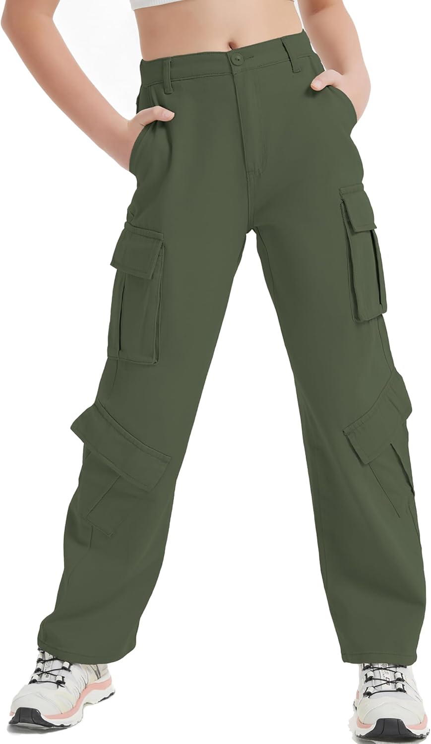 EXARUS - Pantalones vaqueros cargo para niñas, de pierna ancha, holgados, con cintura elástica alta, rectos, con bolsillos, para niños de 8 a 14 años 