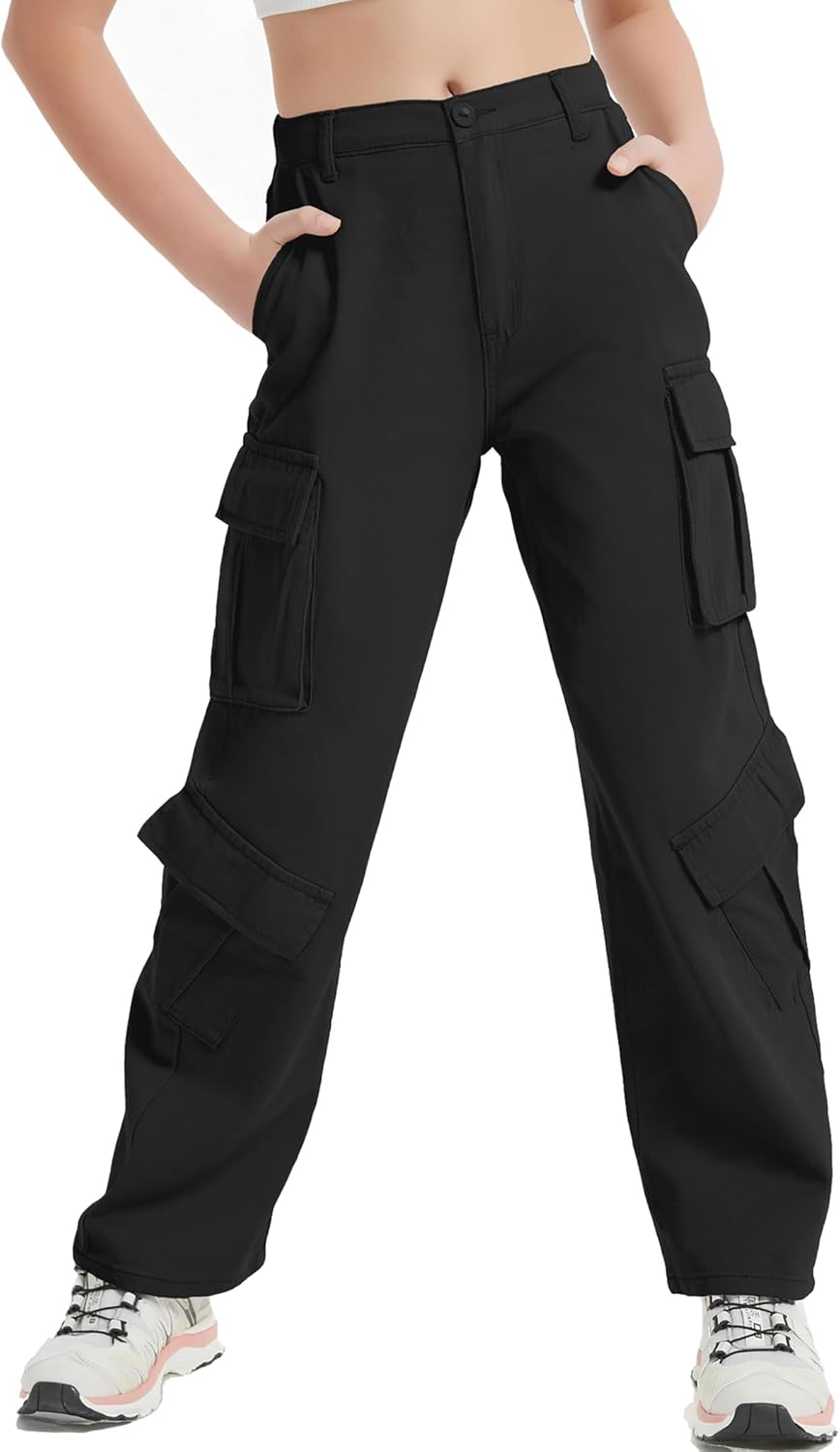 EXARUS - Pantalones vaqueros cargo para niñas, de pierna ancha, holgados, con cintura elástica alta, rectos, con bolsillos, para niños de 8 a 14 años 