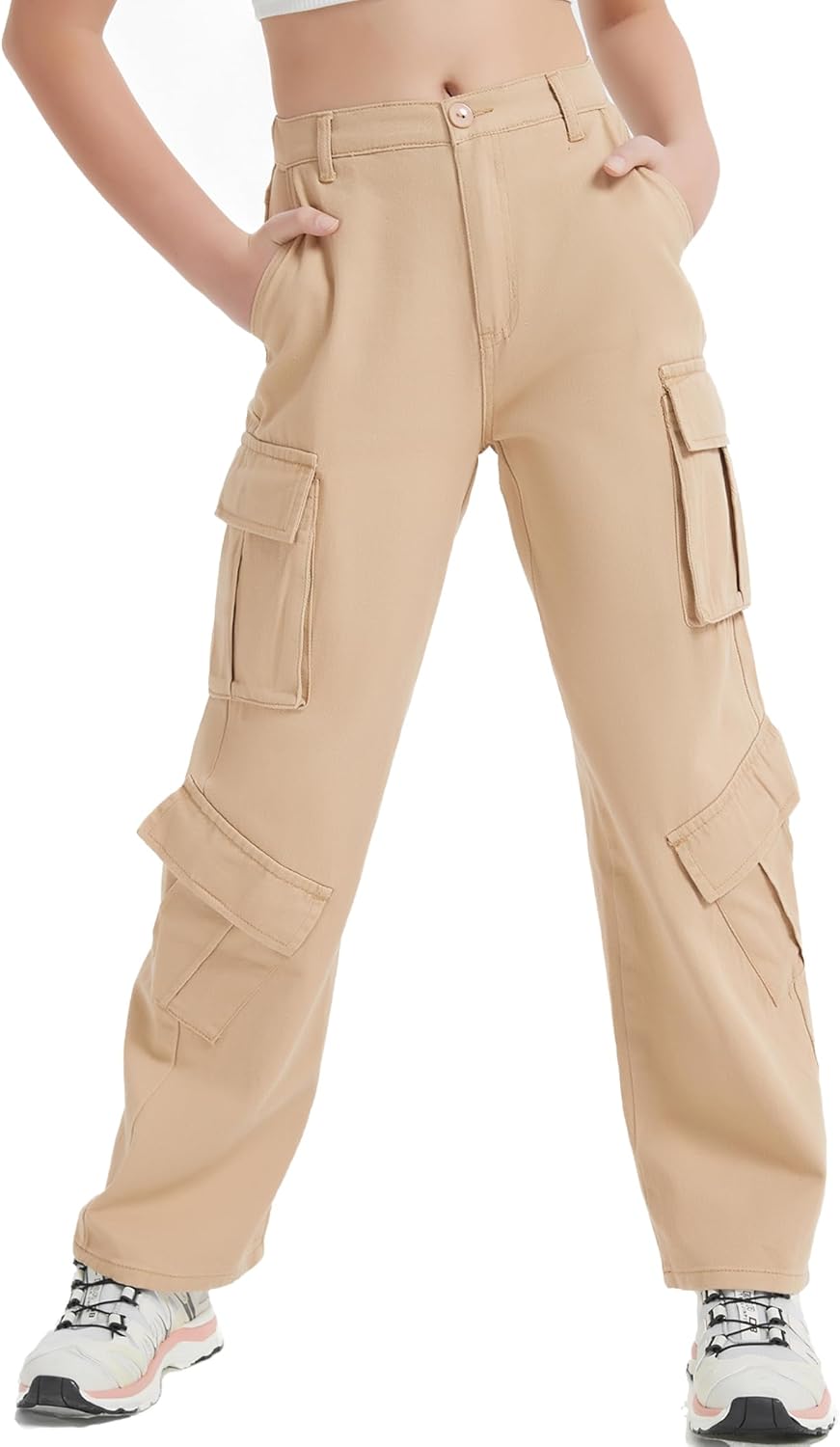 EXARUS - Pantalones vaqueros cargo para niñas, de pierna ancha, holgados, con cintura elástica alta, rectos, con bolsillos, para niños de 8 a 14 años 