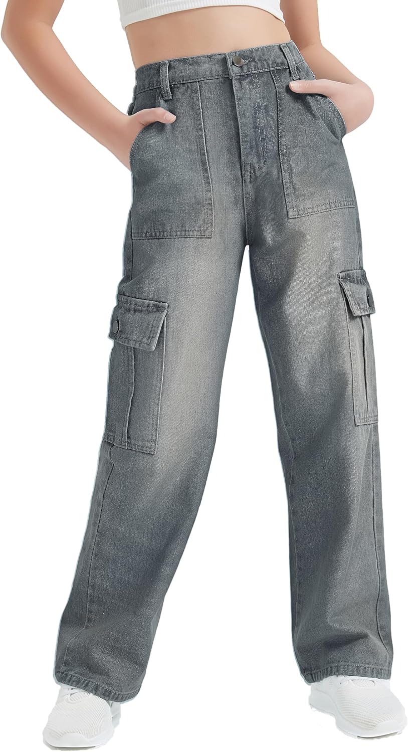 EXARUS - Pantalones vaqueros cargo para niñas, de pierna ancha, holgados, con cintura elástica alta, rectos, con bolsillos, para niños de 8 a 14 años 
