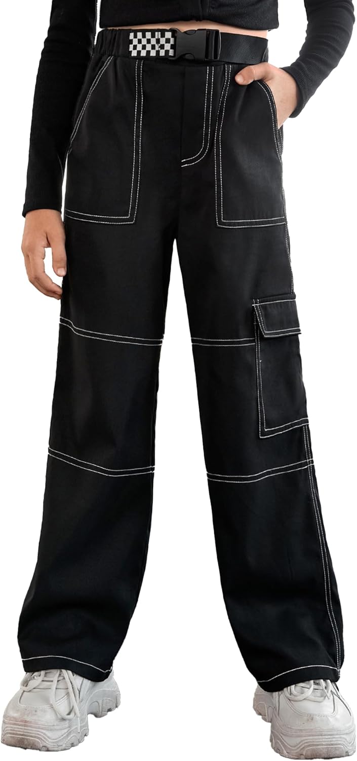 EXARUS - Pantalones vaqueros cargo para niñas, de pierna ancha, holgados, con cintura elástica alta, rectos, con bolsillos, para niños de 8 a 14 años 