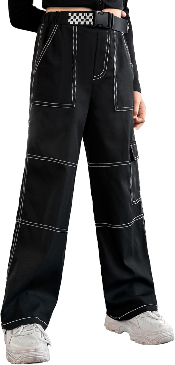 EXARUS - Pantalones vaqueros cargo para niñas, de pierna ancha, holgados, con cintura elástica alta, rectos, con bolsillos, para niños de 8 a 14 años 