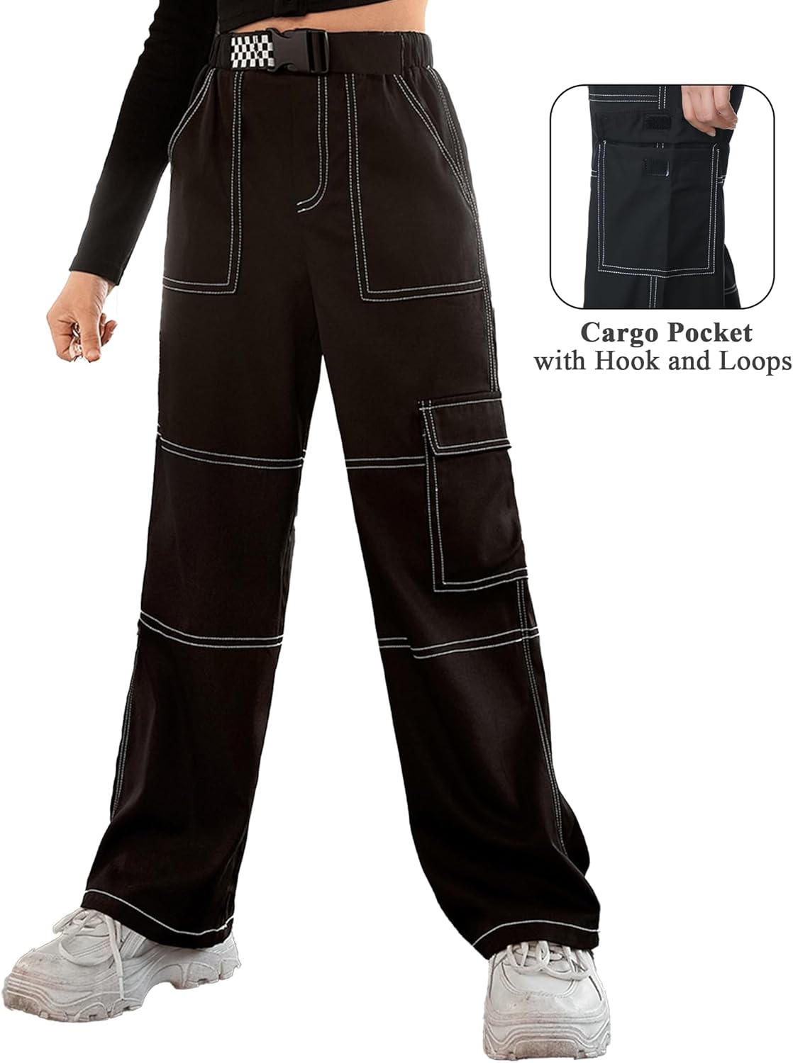 EXARUS - Pantalones vaqueros cargo para niñas, de pierna ancha, holgados, con cintura elástica alta, rectos, con bolsillos, para niños de 8 a 14 años 