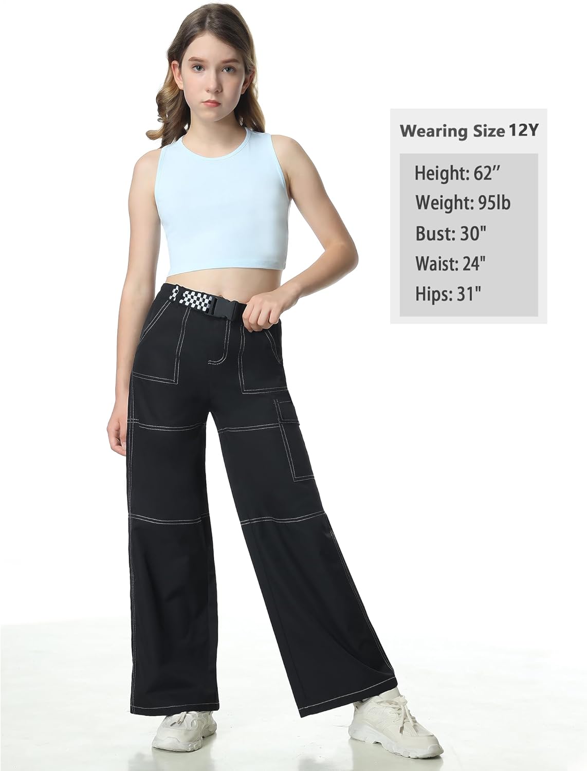 EXARUS - Pantalones vaqueros cargo para niñas, de pierna ancha, holgados, con cintura elástica alta, rectos, con bolsillos, para niños de 8 a 14 años 