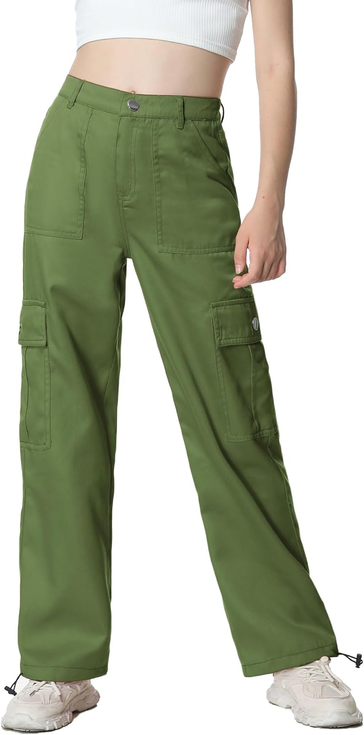 EXARUS - Pantalones vaqueros cargo para niñas, de pierna ancha, holgados, con cintura elástica alta, rectos, con bolsillos, para niños de 8 a 14 años 