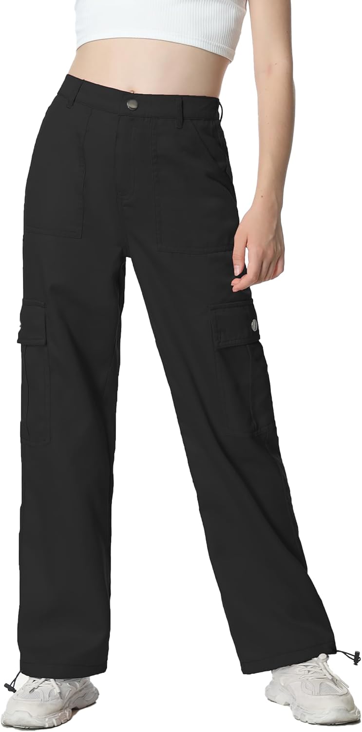 EXARUS - Pantalones vaqueros cargo para niñas, de pierna ancha, holgados, con cintura elástica alta, rectos, con bolsillos, para niños de 8 a 14 años 
