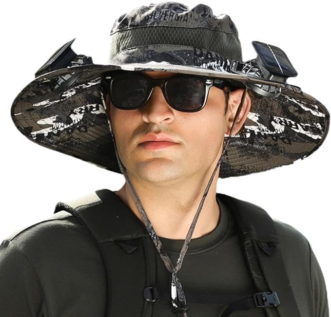 Solar-Powered Wide Brim Hat w/ USB Charging & Removable Fans for Outdoor
