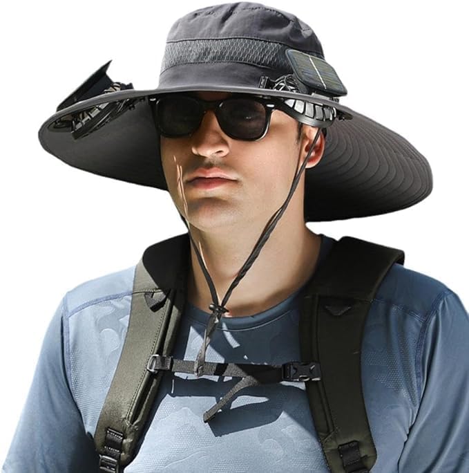 Solar-Powered Wide Brim Hat w/ USB Charging & Removable Fans for Outdoor