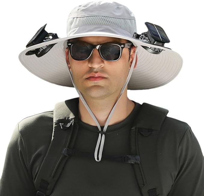 Solar-Powered Wide Brim Hat w/ USB Charging & Removable Fans for Outdoor