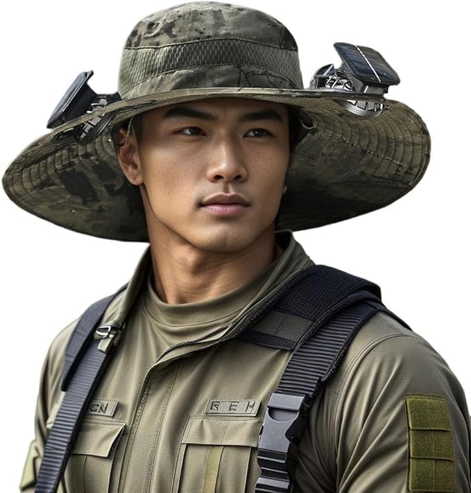 Solar-Powered Wide Brim Hat w/ USB Charging & Removable Fans for Outdoor