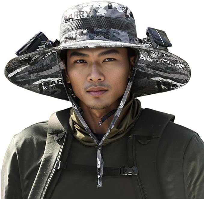 Solar-Powered Wide Brim Hat w/ USB Charging & Removable Fans for Outdoor