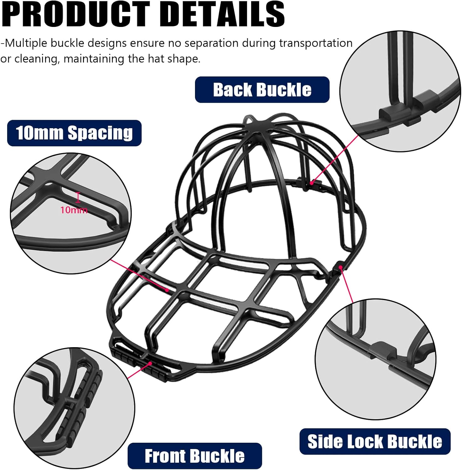 Hat Washer Cage - Universal Hat Cleaner for Washing Machine & Dishwasher - Baseball Cap Dishwasher Hat Rack Protector Organizer for Flat & Curved Hats (Black)