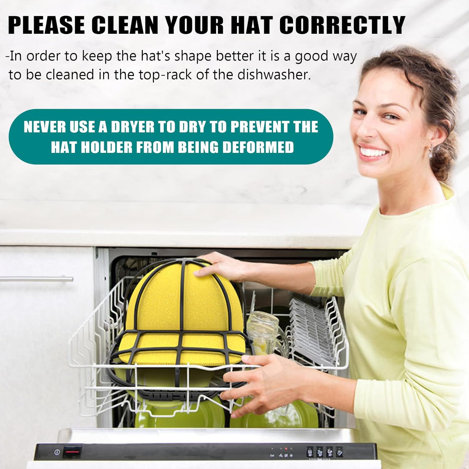 Hat Washer Cage - Universal Hat Cleaner for Washing Machine & Dishwasher - Baseball Cap Dishwasher Hat Rack Protector Organizer for Flat & Curved Hats (Black)
