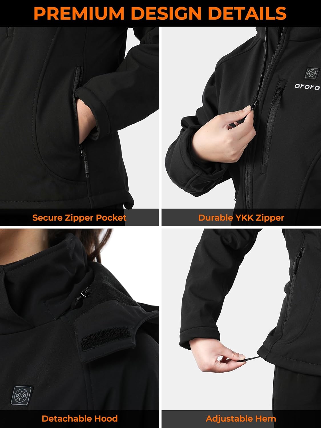 ORORO Women's Slim Fit Heated Jacket with Battery, Heated Coat with Detachable Hood (Charger Not Included)